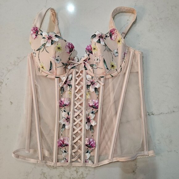 Victorias Secret Floral Embroidery Mesh Bustier Corset Size Medium Pink - Picture 5 of 11